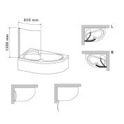Vanová zástěna Laguna Fortuna 150x85 cm, 150x100 cm chrom levá/pravá. Technický nákres&nbsp;