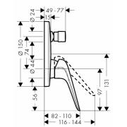 Vanová baterie Hansgrohe HG288 bez podomítkového tělesa chrom SIKOBHGN215. Technický nákres