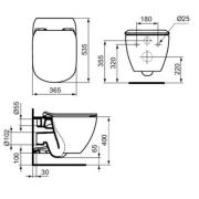 WC závěsné Ideal Standard Tesi zadní odpad bílá T007901. Technický nákres 