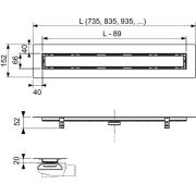 Sprchový žlab Tece Drainline 70, 80, 90, 100, 120, 150 cm nerez lesk pro nalepení dlažby. Technický nákres