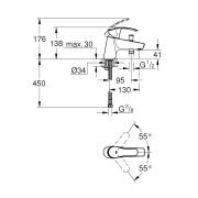 Vanová baterie Grohe Eurosmart bez sprchového setu chrom 33412002. Technický nákres 