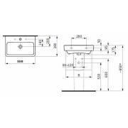 Umyvadlo Laufen Pro 55x38 cm otvor pro baterii uprostřed H8179580001041. Technický nákres 