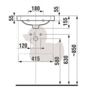 Nábytkové umývátko Jika Tigo 45x23,5 cm otvor pro baterii vlevo H8152120001051. Technický nákres 2 