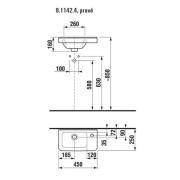 Umývátko Jika Cubito 45x25 cm otvor pro baterii vpravo H8114240001061. Technický nákres