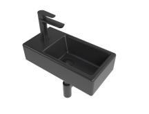 Koupelnový set levého závěsného umývátka Brevis 40,5 cm, pákové baterie, sifonu, průtočné zátky a roháčků v černé barvě KSETBRE2LBKM