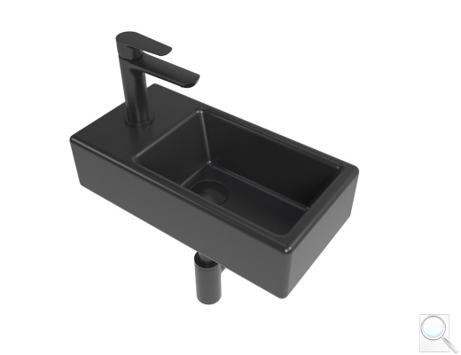 Koupelnový set levého závěsného umývátka Brevis 40,5 cm, pákové baterie, sifonu, průtočné zátky a roháčků v černé barvě KSETBRE2LBKM. obr. 1