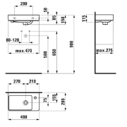 Umývátko Laufen Pro S 48x28 cm otvor pro baterii vlevo H8159550001041. Technický nákres&nbsp;