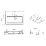 Nábytkové umyvadlo Naturel Pavia 85x49 cm otvor pro baterii uprostřed PA8549. Technický nákres