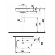 Nábytkové umyvadlo Jika Lyra Plus Viva 50x43 cm otvor pro baterii uprostřed H8103800001041. technický nákres 