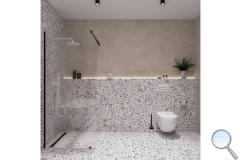 Koupelna Ravak - SIKO-koupelna-terrazzo-v-minimalismu-v-bile-a-bezove-se-stojici-vanou-Ravak-003