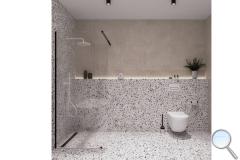 Koupelna Ravak. SIKO-koupelna-terrazzo-v-minimalismu-v-bile-a-bezove-se-stojici-vanou-Ravak-003