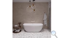 Koupelna Ravak. SIKO-koupelna-terrazzo-v-minimalismu-v-bile-a-bezove-se-stojici-vanou-Ravak-005