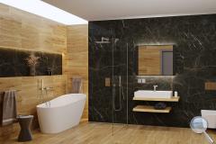 Koupelna Argenta Gold Nero. SIKO-mramorova-cerna-drevena-koupelna-s-volne-stojici-vanou-a-walk-in-serie-nero-gold-01