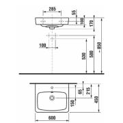 Nábytkové umyvadlo Jika Lyra Plus Viva 60x45 cm otvor pro baterii uprostřed H8103820001041. technický nákres 