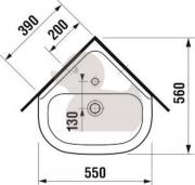 Rohové umývátko Jika Deep 45x37 cm otvor pro baterii uprostřed H8166140001041 (Technický nákres 1)