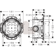 Podomítkové těleso Hansgrohe Ibox bez baterie 01800180. Technický nákres&nbsp;