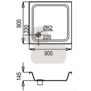 Sprchová vanička čtvercová Jika Pure 90x90 cm smaltovaná ocel A9090. Technický nákres 