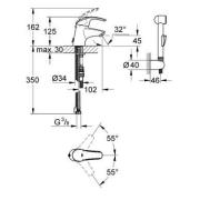 Umyvadlová baterie Grohe Eurosmart New s bidetovou sprškou chrom 23124002. Technický nákres 