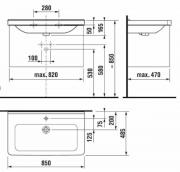 Umyvadlo Jika Cubito 85x48,5 cm otvor pro baterii uprostřed H8104261001041 (Technický nákres)