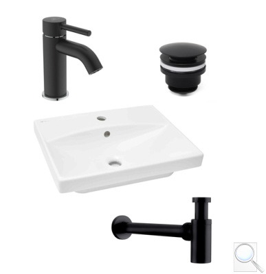 Koupelnový set závěsného umyvadla Brevis 50 cm, pákové baterie Kalva, sifonu a uzavíratelného vtoku ISSET11. obr. 1