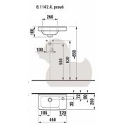 Umyvadlo Jika Cubito 45x25 cm otvor pro baterii vpravo H8114241001061. Technický nákres 