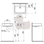 Nábytkové umyvadlo Laufen Pro 55x48 cm otvor pro baterii uprostřed H8179510001041. Technický nákres 