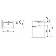 Umyvadlo na desku Laufen Pro 55x38 cm tři otvory pro baterii H8129520001081. Technický nákres 