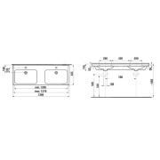 Dvojumyvadlo Jika Cubito 130x48,5 cm dva otvory pro baterii H8144200001041. Technický nákres 