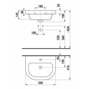 Umyvadlo Jika Deep 50x41 cm otvor pro baterii uprostřed H8126110001341. Technický nákres 