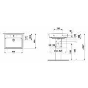 Umyvadlo Laufen Pro 60x48 cm otvor pro baterii uprostřed H8189524001041. Technický nákres 