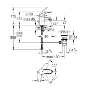 Bidetová baterie Grohe Euroeco s výpustí chrom 23263000. Technický nákres 