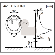Pisoár závěsný Jika Korint spodní odpad H8441000004401. Technický nákres&nbsp;