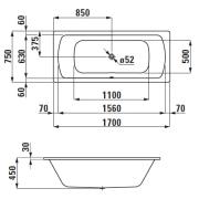 Obdélníková vana Laufen Bolsena smaltovaná ocel. Technický nákres&nbsp;