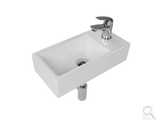 Koupelnový set pravého závěsného umývátka Brevis 40,5 cm, pákové baterie, sifonu, průtočné zátky a roháčků KSETBRE2P. obr. 1