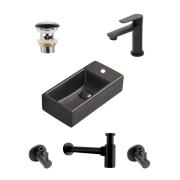 Koupelnový set pravého závěsného umývátka Brevis 40,5 cm, pákové baterie, sifonu, průtočné zátky a roháčků v černé barvě KSETBRE2PBKM. &nbsp;(2)