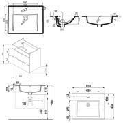 Koupelnová skříňka s umyvadlem Jika Plan 65x44,1x62,2 cm dub H4536021763021. Technický nákres 