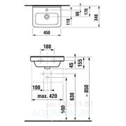 Umývátko Jika Cubito 45x34 cm otvor pro baterii uprostřed H8114220001041. Technický nákres 