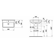 Umyvadlo Laufen Pro 60x38 cm otvor pro baterii uprostřed H8189594001041. Technický nákres 