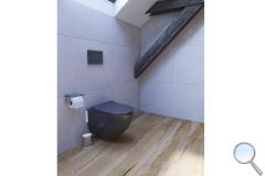 Koupelna podkrovní - Podkrovni-koupelna-cerne-wc-a-umyvadlo-svetle-sede-obklady-drevena-podlaha-006