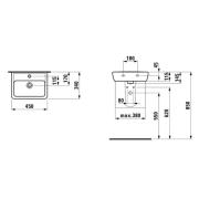 Umývátko Laufen Pro 45x34 cm otvor pro baterii uprostřed H8119514001041. Technický nákres 