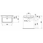 Umyvadlo Laufen Pro S 55x46,5 cm, 65x46,5 cm, 70x46,5 cm otvor pro baterii uprostřed. Technický nákres 3&nbsp;