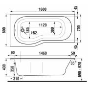 Speciální vana Jika Tigo 160x80 cm akrylát levá nebo pravá. technický nákres 