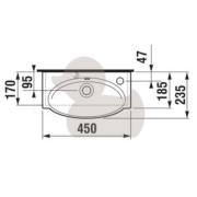 Nábytkové umývátko Jika Tigo 45x23,5 cm otvor pro baterii vpravo H8152120001061. Technický nákres 2 