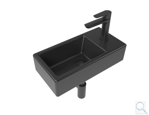 Koupelnový set pravého závěsného umývátka Brevis 40,5 cm, pákové baterie, sifonu, průtočné zátky a roháčků v černé barvě KSETBRE2PBKM. obr. 1