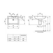 Umyvadlo Ideal Standard Eurovit 60x46 cm otvor pro baterii uprostřed V302701. technický nákres
