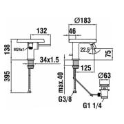 Bidetová baterie Laufen KARTELL BY LAUFEN s výpustí chrom H3413310041111. technický nákres