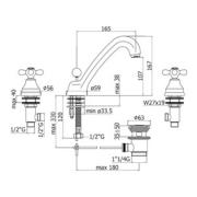 Umyvadlová baterie Paffoni Ricordi s výpustí měď IR055RM. Technický nákres&nbsp;