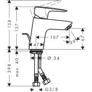 Umyvadlová baterie Hansgrohe HG248 s výpustí chrom SIKOBHGMS275. Technický nákres 