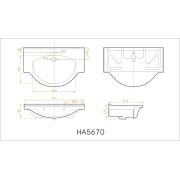 Koupelnová skříňka s umyvadlem Keramia Pro 70x56 cm bílá PRO70Z. Technický nákres&nbsp;