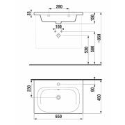 Umyvadlo Jika Mio-N 55x45 cm otvor pro baterii uprostřed H8127120001041. Technický nákres 